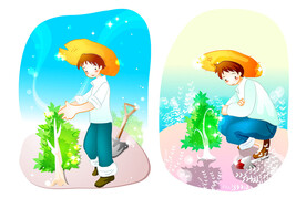 儿童植树节水彩插画风景画