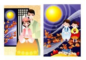韩国夫妻孩童水彩插画