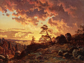 夕阳山峦油画风景画