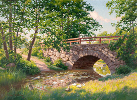 拱桥大树唯美风景画油画