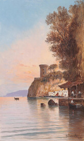 岸边水彩风景画