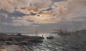 油画船湖泊风景画油画