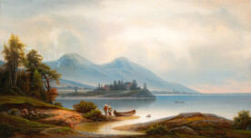 湖边大树油画风景画