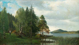 湖边大树草地油画风景画