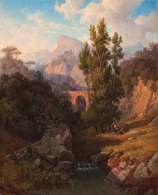 拱桥树林风景画油画