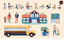 教师学生学校插画