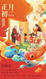 插画风大年初二海报