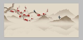 水墨山花鸟