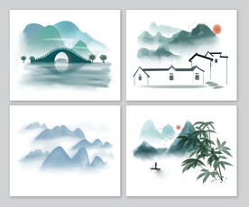 古风水墨山水画透明素材