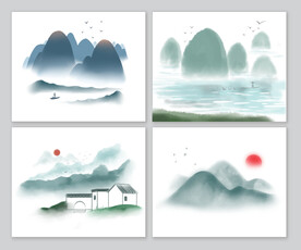 古风水墨山水画透明素材