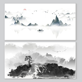 古风水墨山水画透明素材