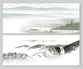 古风水墨山水画透明素材