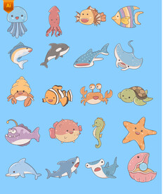 可爱海洋动物卡通插画