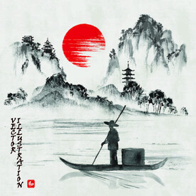 落日渔家 山水 