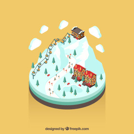 2.5D雪山别墅缆车旅游区插画