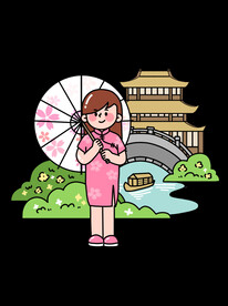 春日手绘郊游出行人物江南古镇旅