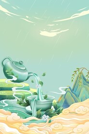 国潮清新祥云山水插画