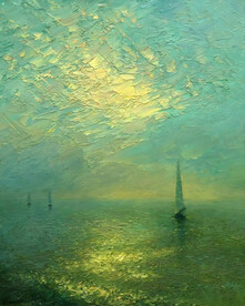 海上日落风景油画