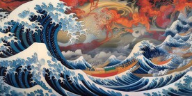 日式海浪惊涛骇浪油彩绘画背景