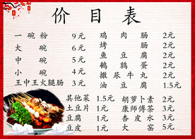 菜单价目表