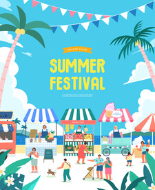 夏季扁平化夜市摆摊创意插画