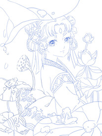 线条  荷花  小姑娘 