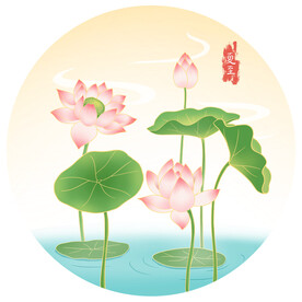 卡通国潮夏天荷花插画