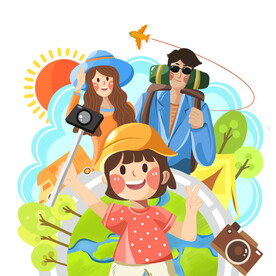 手绘卡通一家出游插画