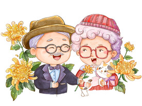 重阳节老人欣赏菊花