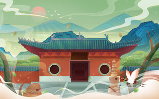 少林寺古建筑旅游插画