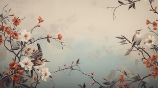 樱花梅花花瓣树枝小鸟影楼背景图