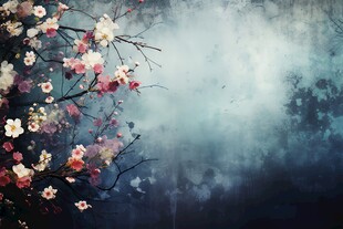 樱花梅花花瓣树枝小鸟影楼背景图