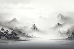 手绘复古写意画禅意水墨山水画