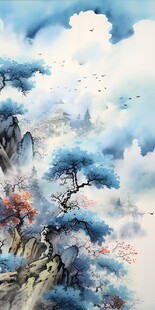 手绘复古写意画禅意水墨山水画