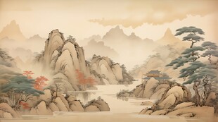 手绘复古写意画禅意水墨山水画