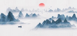 手绘复古写意画禅意水墨山水画