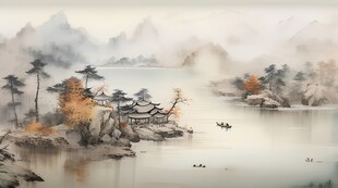 手绘复古写意画禅意水墨山水画