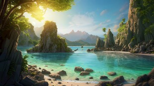 创意奇幻自然风光山水飞鸟图片