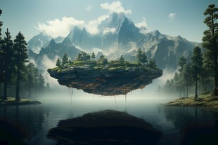 创意奇幻自然风光山水飞鸟图片