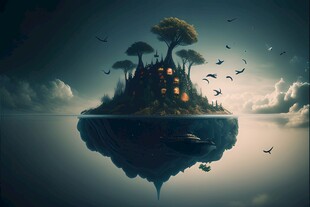 创意奇幻自然风光山水飞鸟图片