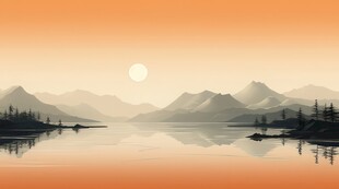 简约禅意手绘风光山水飞鸟云雾