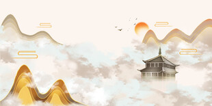 中国风水墨古风建筑插画