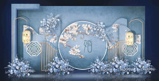 蓝色新中式婚礼迎宾布置