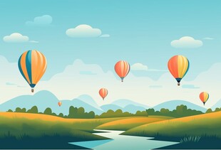 艺术卡通热气球风景插画背景图