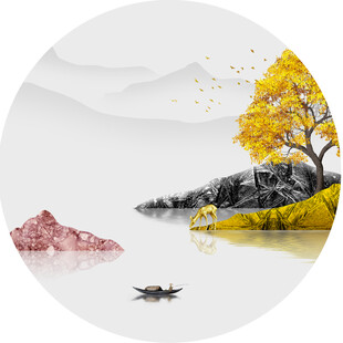 湖泊发财树圆形挂画装饰画