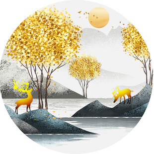 湖泊发财树麋鹿圆形挂画装饰画