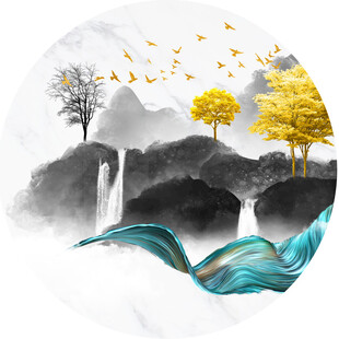 瀑布发财树圆形挂画装饰画