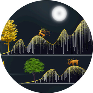 山水麋鹿新中式圆形挂画装饰画