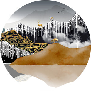 麋鹿山脉新中式圆形挂画装饰画
