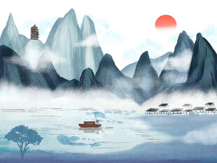 山水风景水墨画插画
